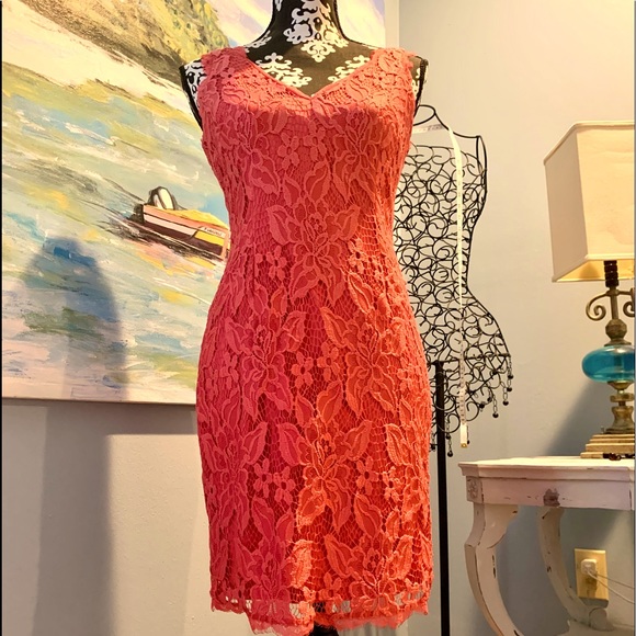 Adriana Papell Coral Lace Over-Lay Dress - Picture 2 of 7